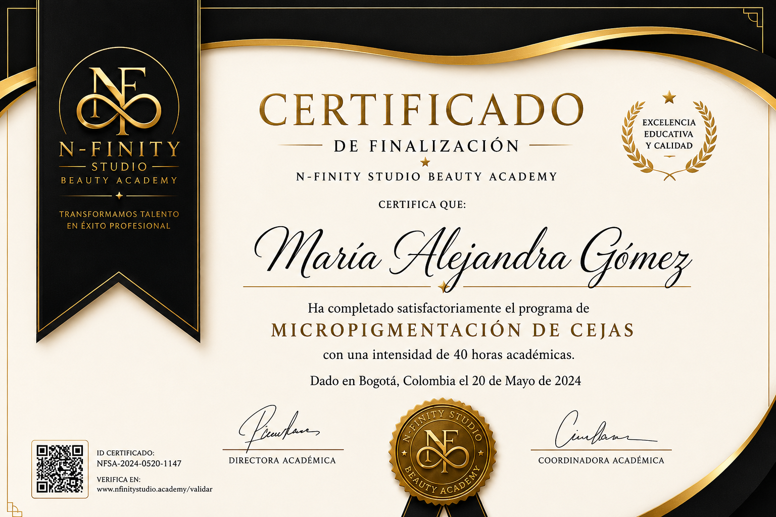 Certificado de finalización N-Finity Studio Beauty Academy